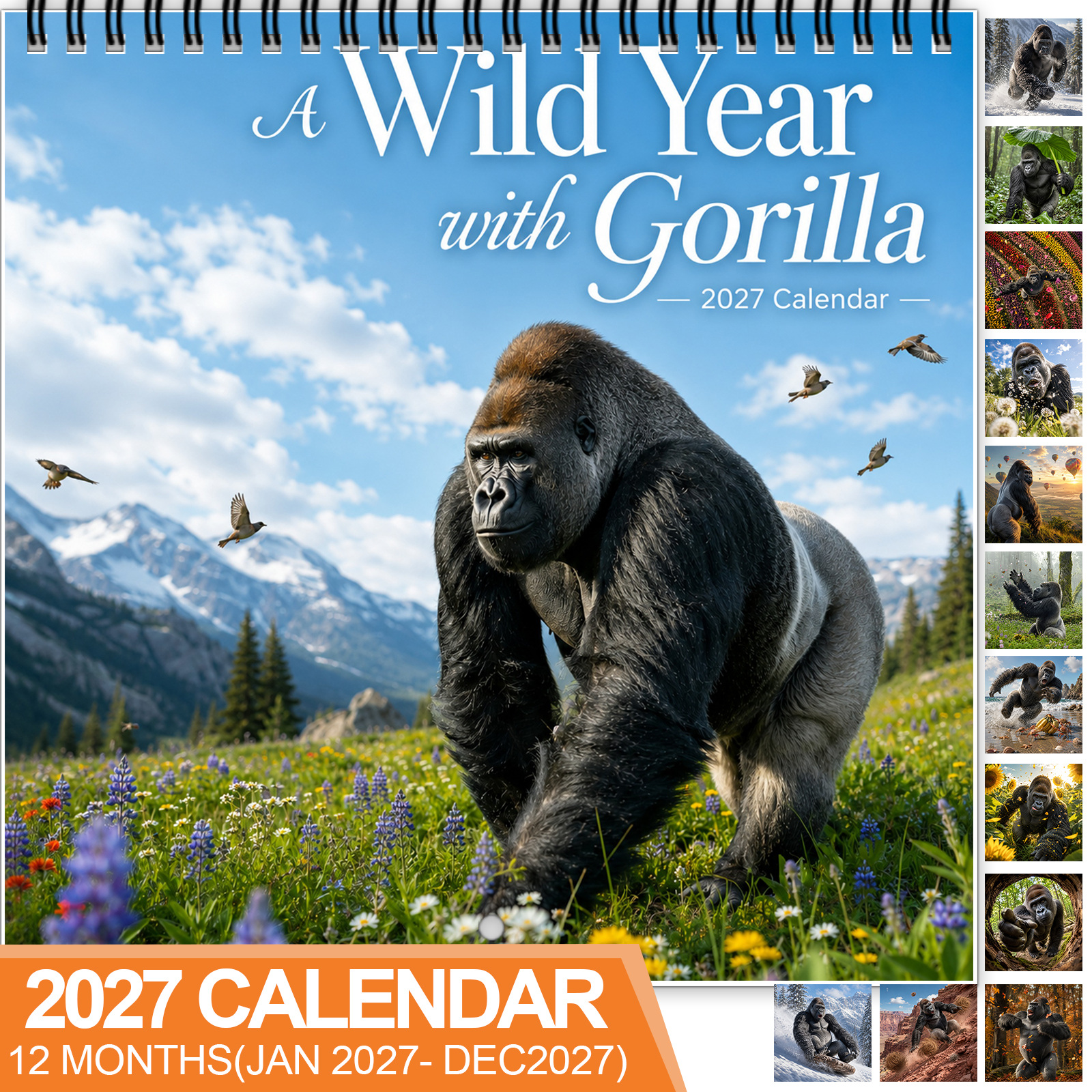 TEMU 1pc 2027 A Wild Year With Gorilla Wall Calendar, Spiral-bound 12-month Monthly Planner With Thick Glossy Paper, Displays In Scenic, And
