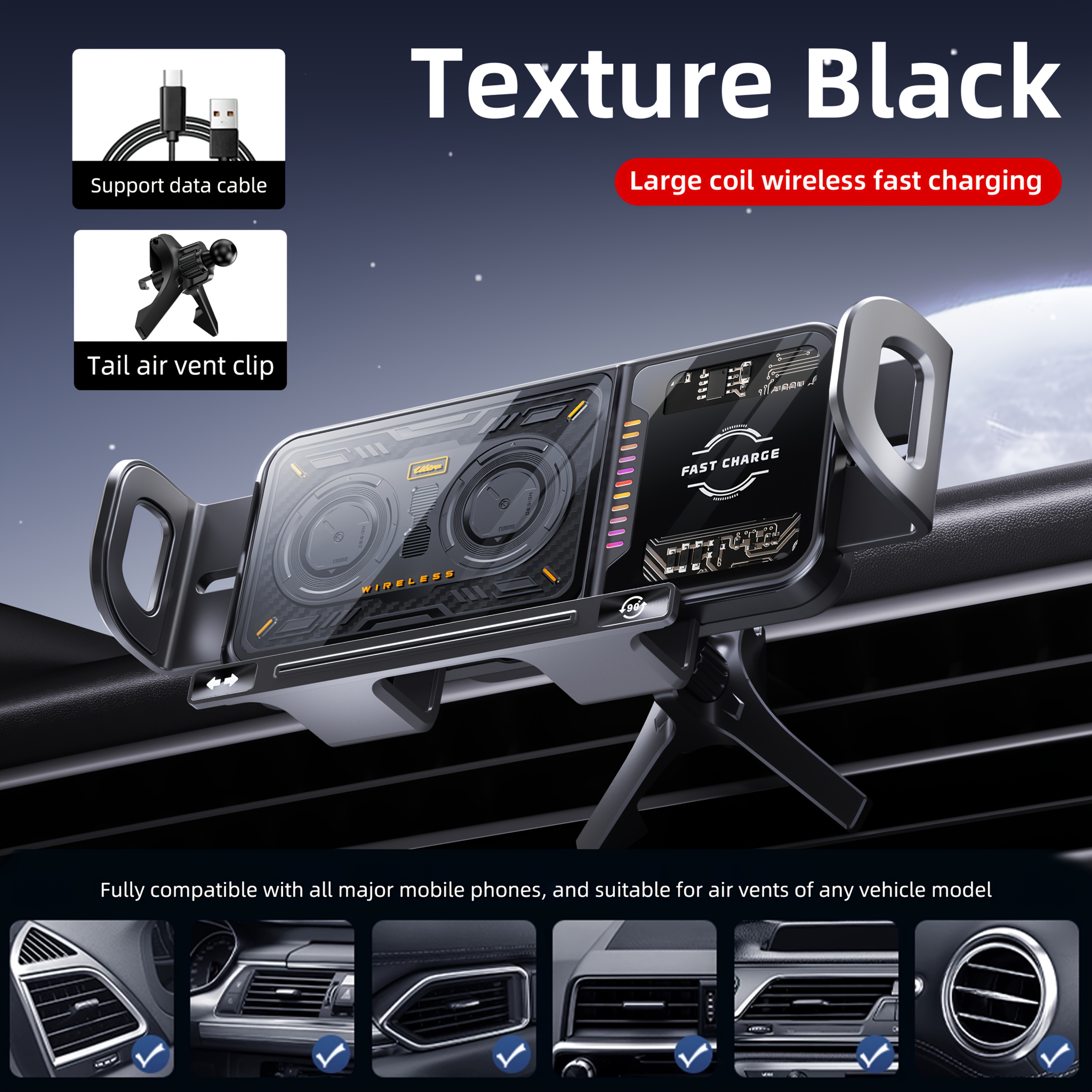 TEMU 2-in-1 Car Wireless Charger & Phone Holder With Automatic Rotating Dashboard Mount, Fast Charging Compatible For Smartphones/tablets/foldable