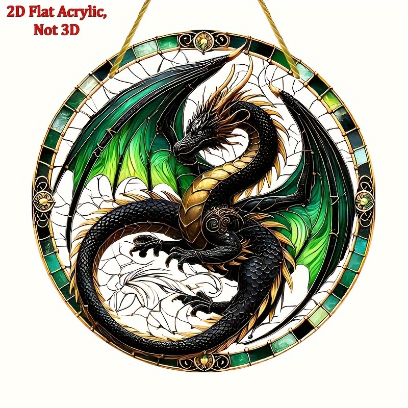 TEMU Attrape-Lumière de Dragon en Acrylique 2D Plat et Vibrant - Art Mural Style Vitrail avec Verts, Rouges et Dorés | de pour Maison, Bureau ou