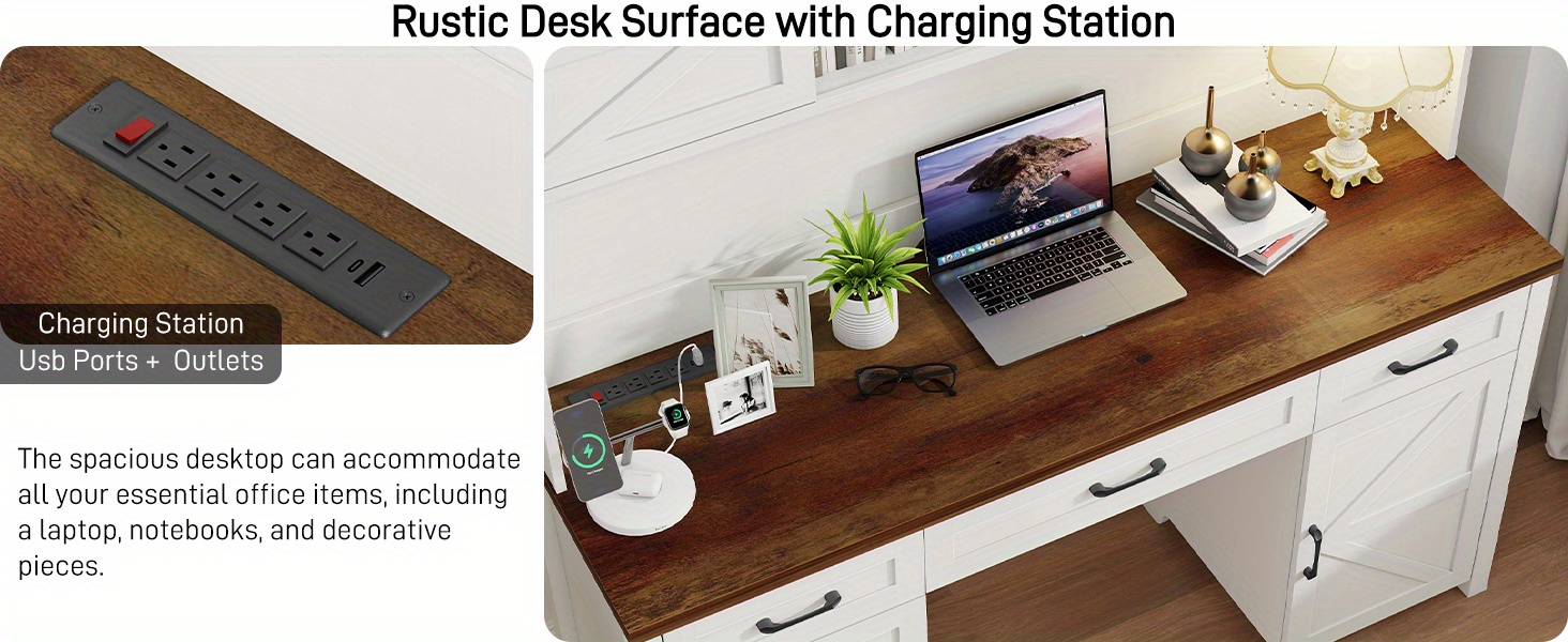 67h   with storage cabinet 5 drawers wooden office table computer desk with charging station sliding barn doors   office desk for home office study white Product details 1