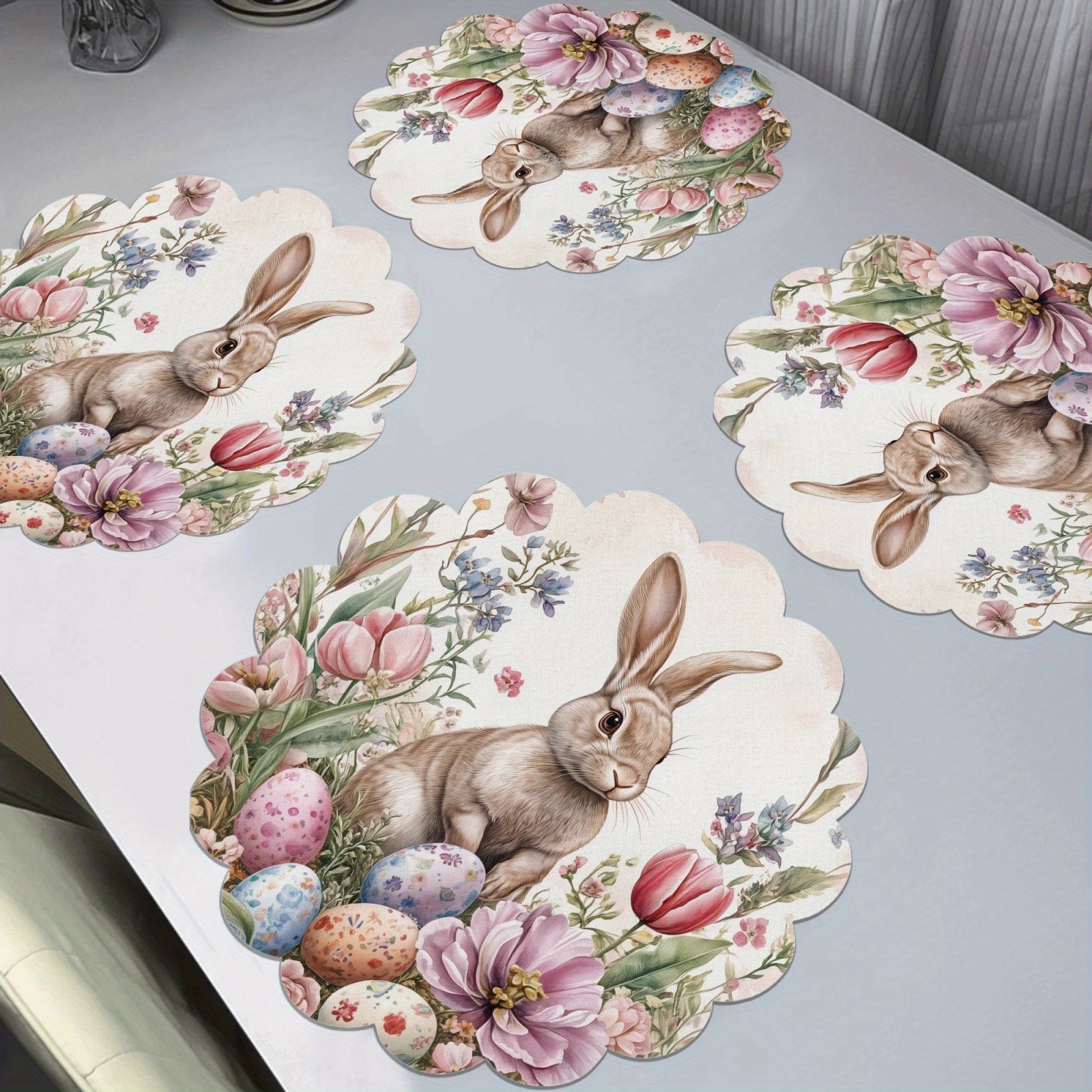 TEMU 4pcs And Easter Egg Placemats Set- Non-slip, Washable Round Table Mats With Scalloped - Vibrant , Perfect For Home Decor, Everyday Use, And