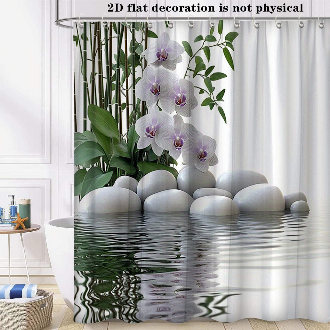 TEMU 2d Flat, 2d Curtain, 1pc, Zen Pond Pattern Shower Curtain, Simple And Stylish Ancient-style Bathroom Curtain, Suitable For Home Bathroom Decor,