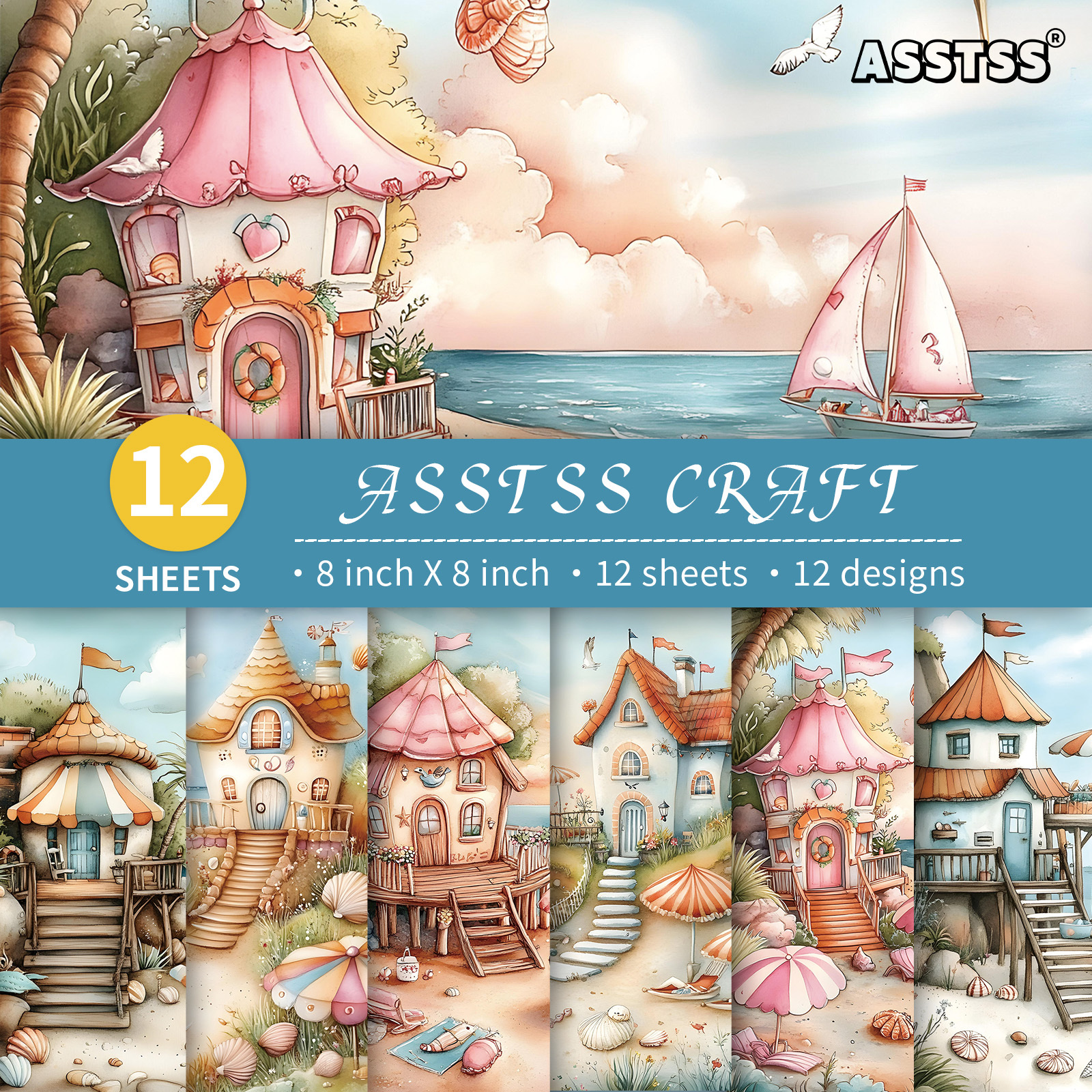 TEMU Bloc de papier de scrapbooking ASSTSS 12 feuilles 8*8 pouces, Maisons de de plage aquarelle, Fournitures de papier de support style fantaisiste