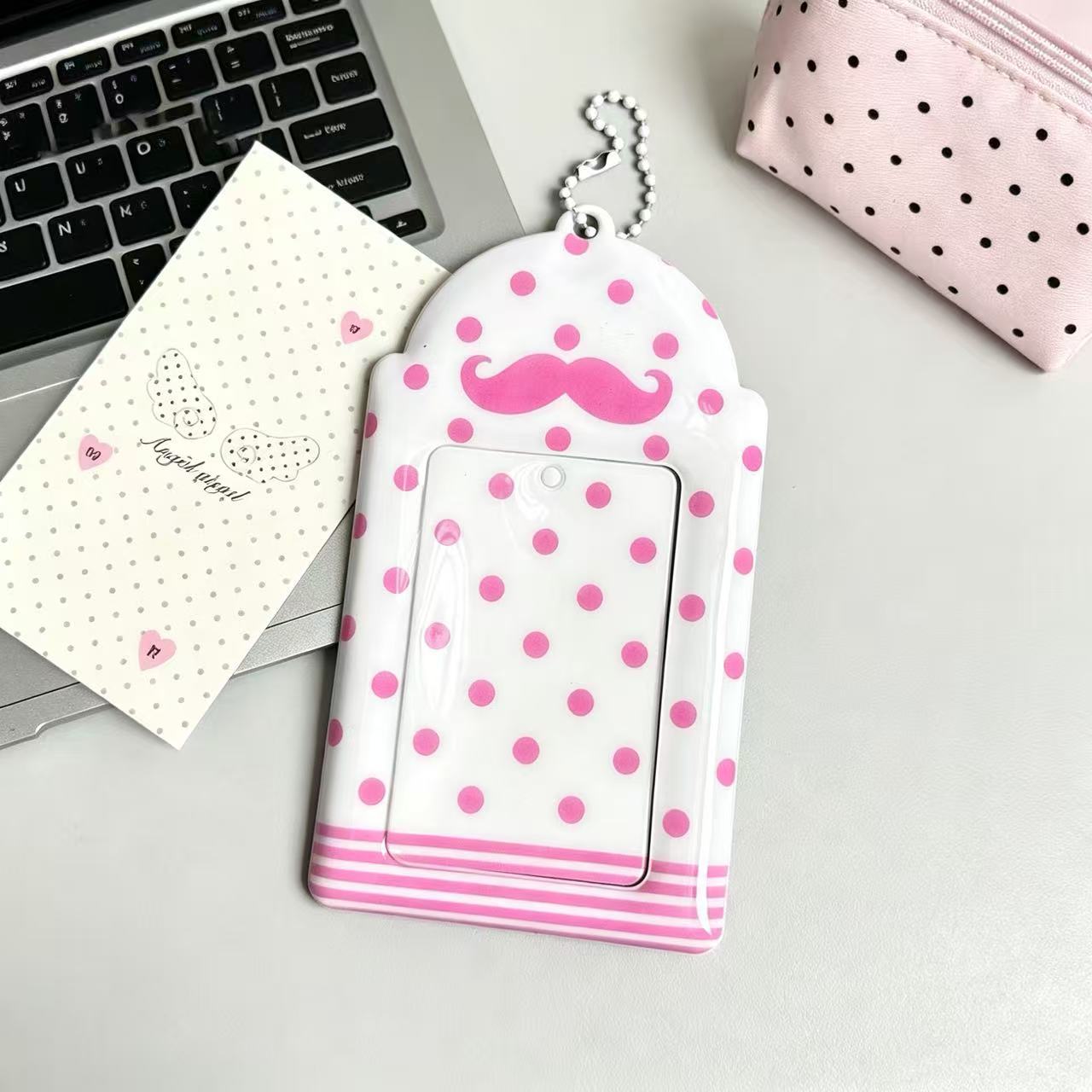 TEMU Polka Dot Mustache Card Holder With Pendant - 3inch Suitable For Polaroid Photos, Campus Badges, Meal Tickets Case, Fashionable Photo Protector