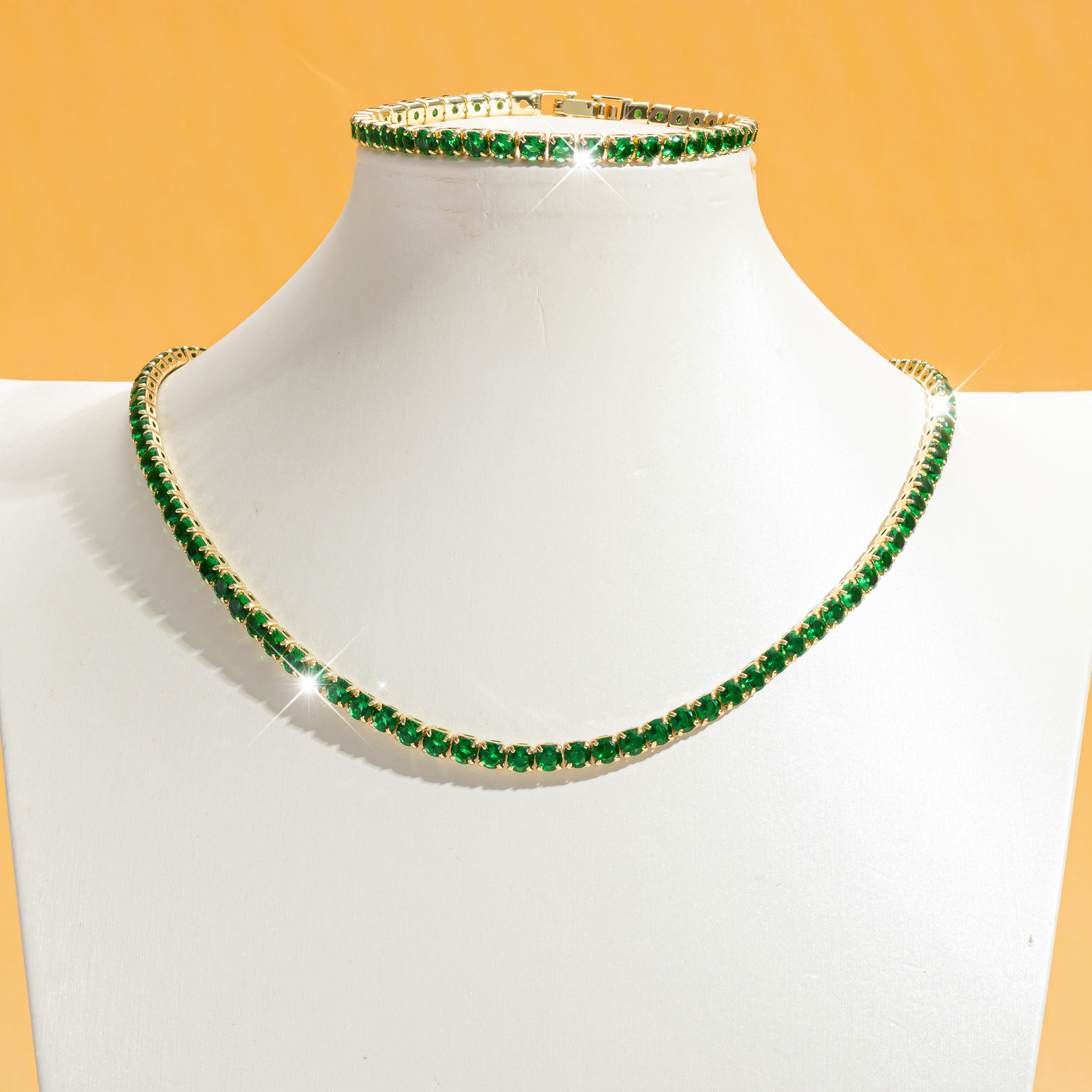 TEMU 2 Pezzi Set Gioielli Unisex Bracciale e Collana Tennis Verde Scuro, e Minimalista, Rame Antiossidante e Oro 18K, Design con Catena Estensibile