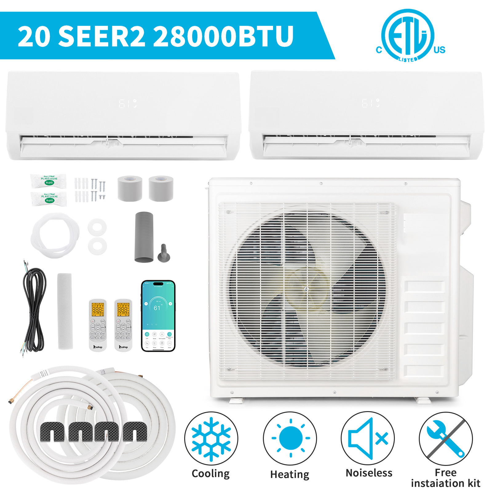 28000 btu 2 zone   ac   20 seer2 pre charged condenser 9k 18k btu indoor units 2x25ft installation kits ideal for home bedroom living room garage office residential use Product details 5