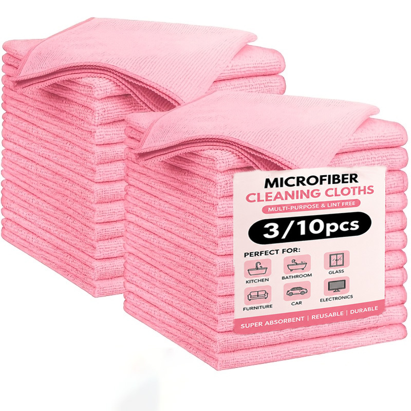 3pcs Pink Microfiber Cleaning Cloths, Lint-Free & Highly Absorbent