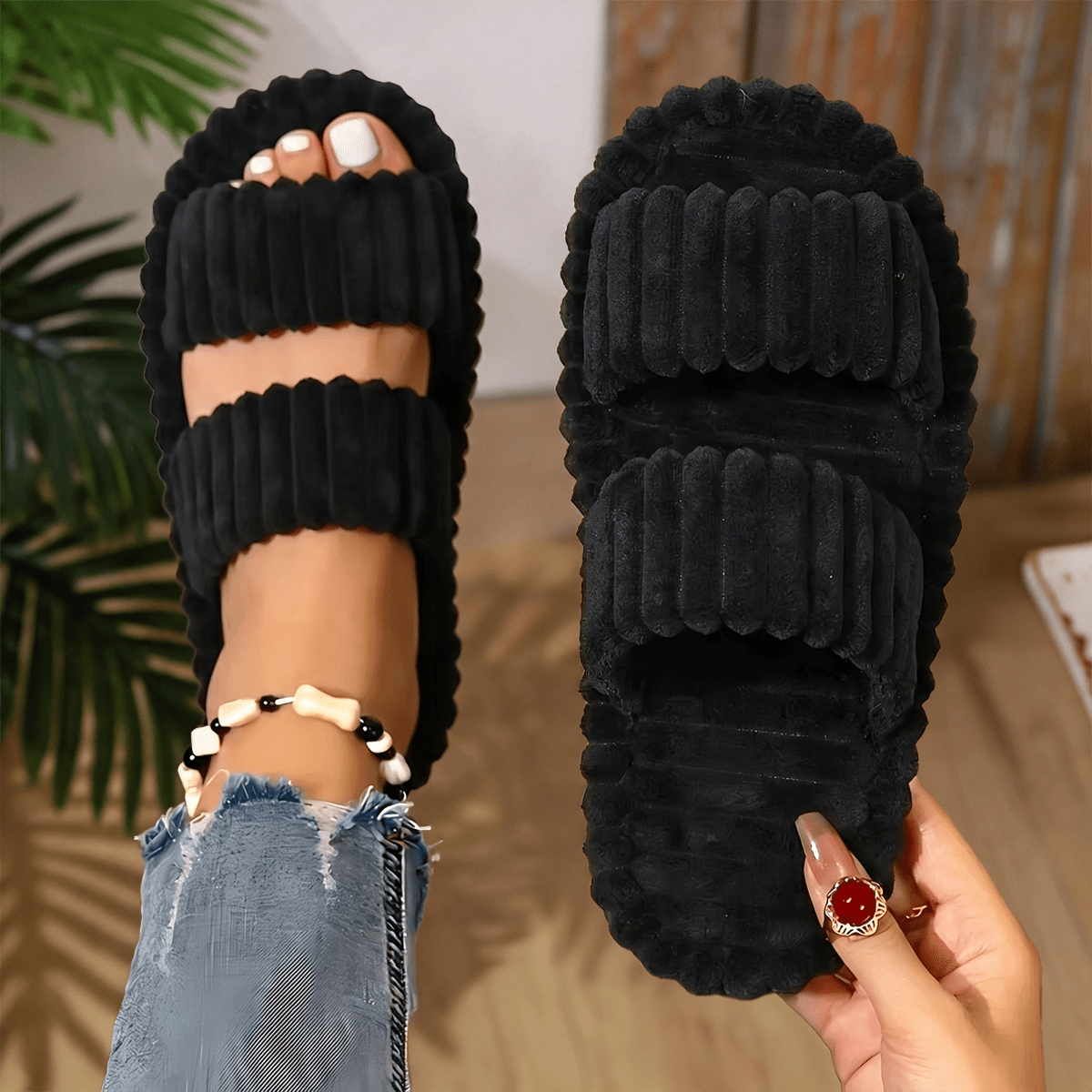 TEMU Elegant Women's Plush Striped Slippers, Soft And Warm Indoor Shoes, Non-slip Soles, Soft Fabric Lining, Casual Shoes, Women's Footwear,