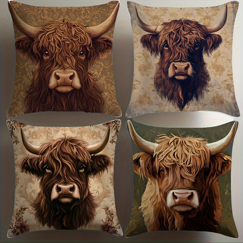 E-shop 4er-Set Hochlandkuh Kunst Kissenbezüge - Modernes Rustikales Blumen- & Braunmuster, Weiches Polyester mit Reißverschluss, Maschinenwaschbare