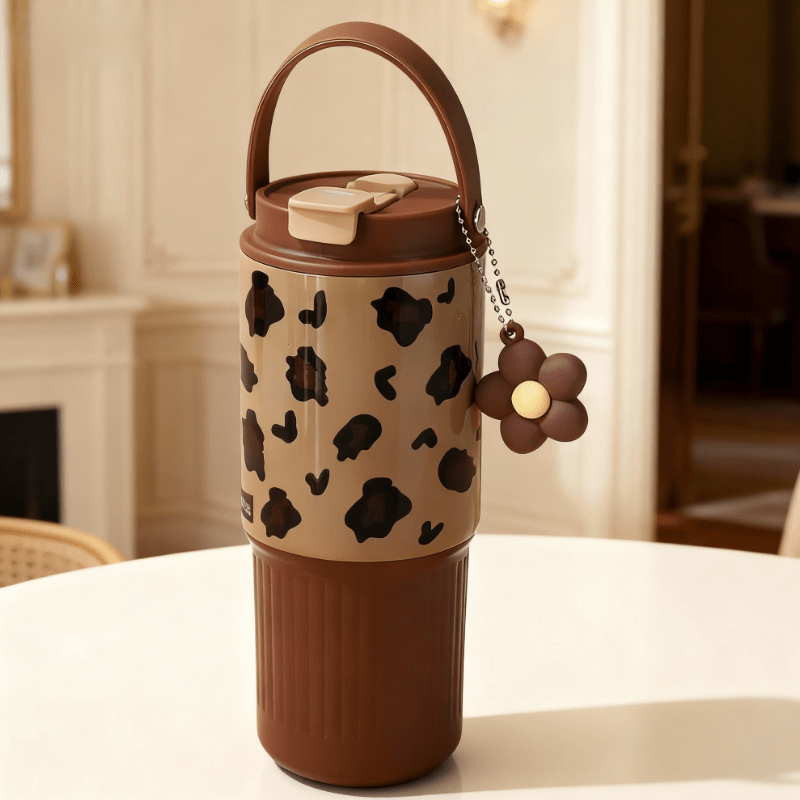 TEMU Bouteille d'eau isotherme 750ml avec paille, motif léopard élégant. Cadeau pour la Saint-Valentin, Pâques. Bouteille d'eau rangée, durable et