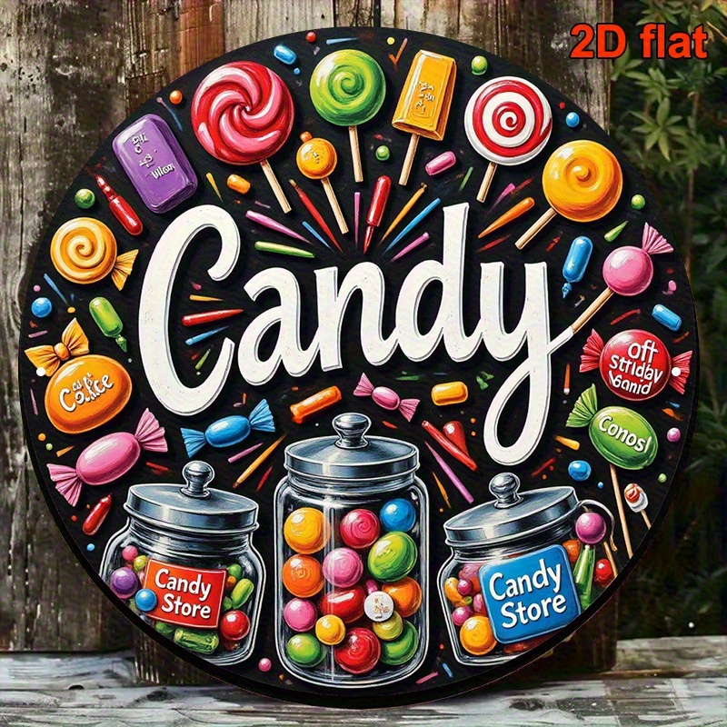 E-shop 2D Flach, Vintage Süßwarenladen Metallschild - Retro Süßigkeiten-Themen Aluminium Wandkunst mit Süßigkeiten-Design, 8X8 Zoll (20X20Cm) - Einfach