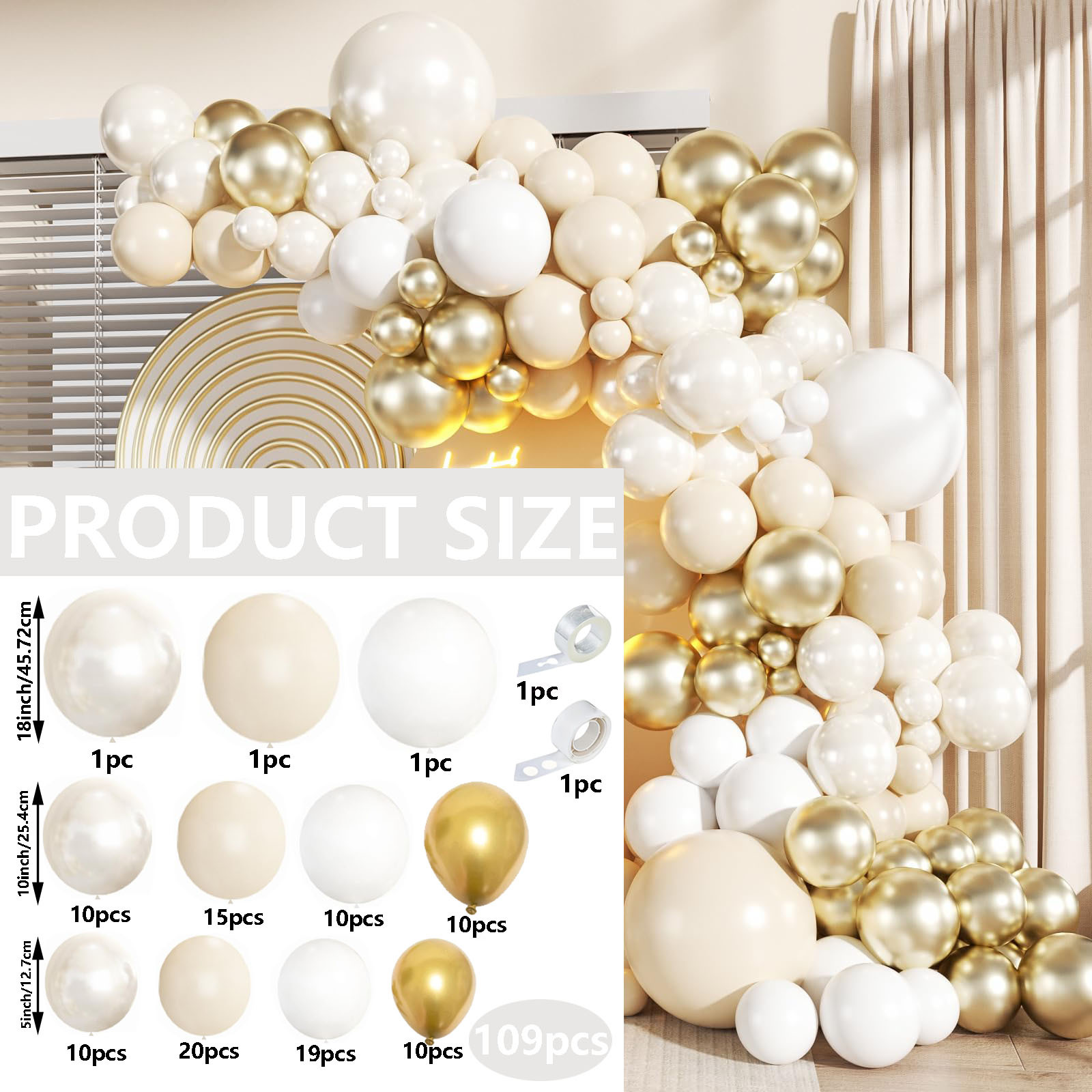 Image of 109pcs White And Garland Arch Kit, 18/ 10/ 5inch Golden Balloons, For Festival Photo Background Decorations, Christmas Holiday Party Decoration, New Year Celebration, Indoor And Outdoor Decoration