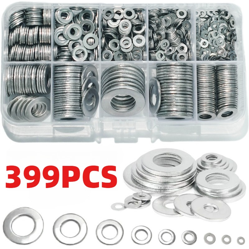 TEMU 399pcs Washer Assortment Set - Durable Polished Surface, Sizes M2-m12, Suitable For Home Decoration And Kitchen Maintenance, Includes Storage