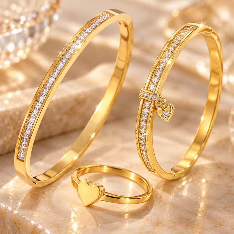 Romantic Slim Decor Bangle & Heart Shaped Ring Jewelry Set