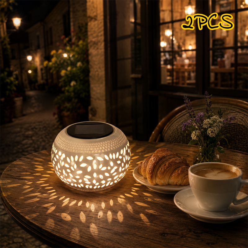 Image of 2 Sets Decorative Solar Lantern Outdoor, Ip44, Warm White Garden Table Light With Hollow Leaf Design And Automatic , Portable Patio Lamp For Balcony, Terrace, Camping, Cafe Tables And Evening Dining