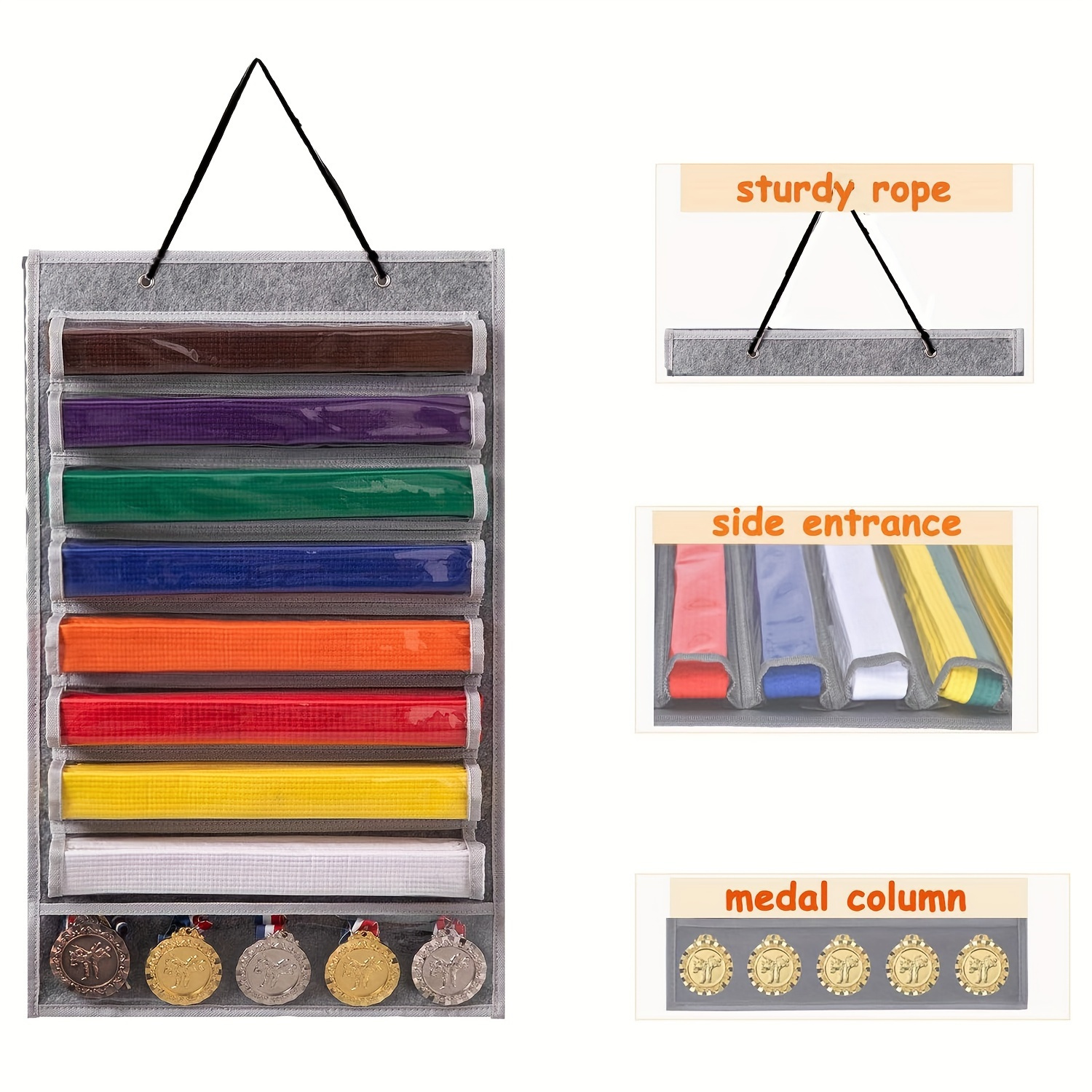 Martial Arts Belt and Medal Display Rack - Durable Felt Storage Rack with 9 Transparent Pockets, Can Hold 8 Belts and 5 Medals, Easy Installation Wall Decoration, Suitable for Karate and Taekwondo Enthusiasts details 3