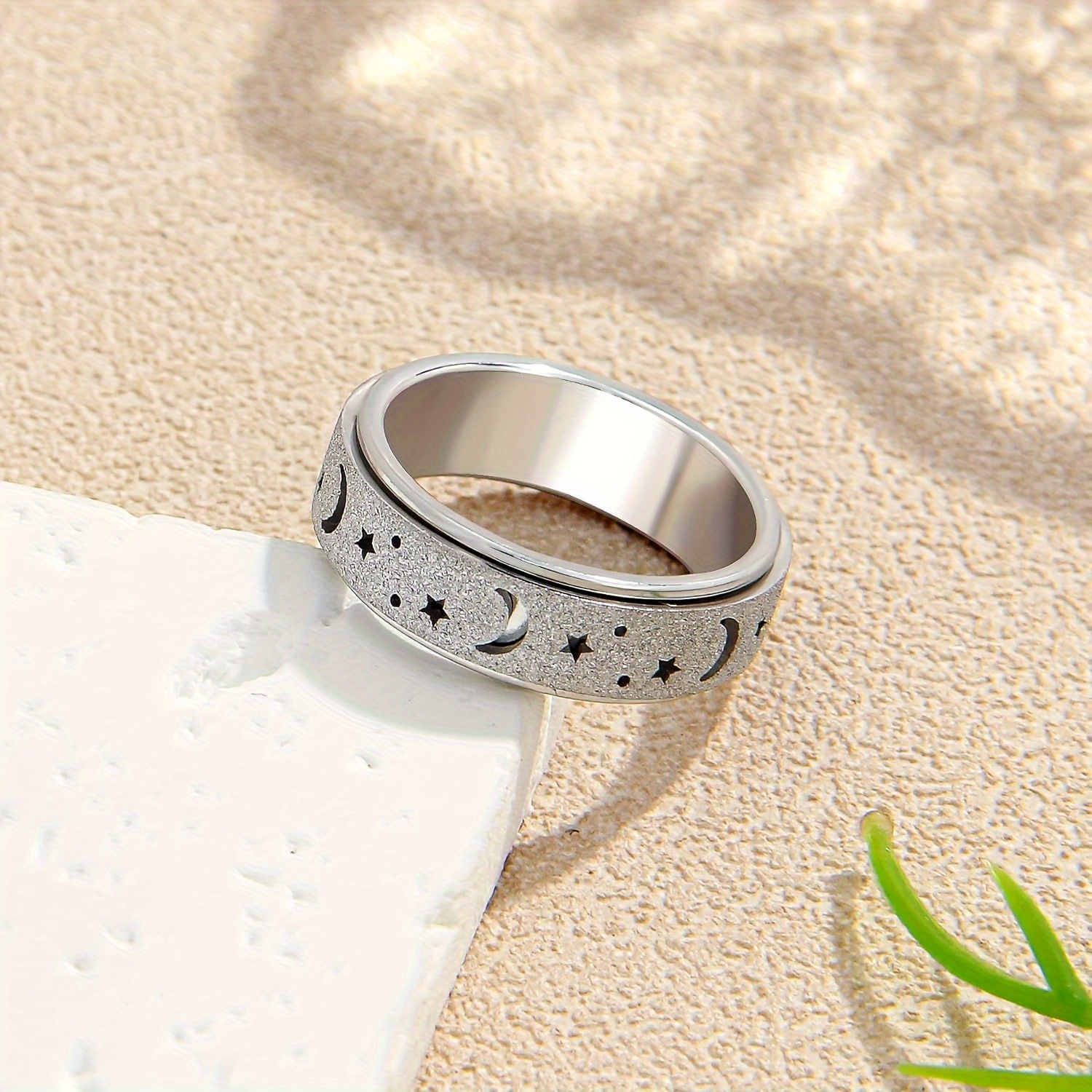1pc fashionable stainless steel frosted ring with small hollow moon and   mens unique rotating decompression ring suitable for daily wear perfect gift for eid al fitr and   Product details 1