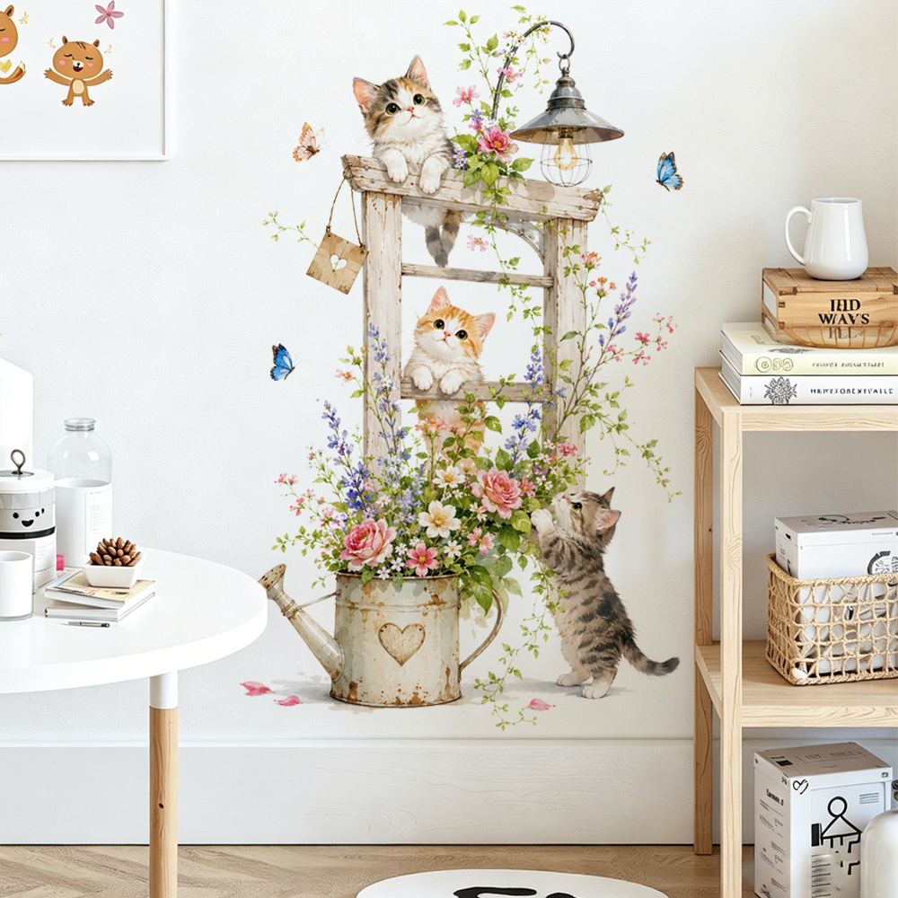 TEMU Rustic Cat And Floral Wall Stickers For Living Room And Entryway Wall Decor, Self-adhesive Vintage Ladder, Watering Can, And Decals