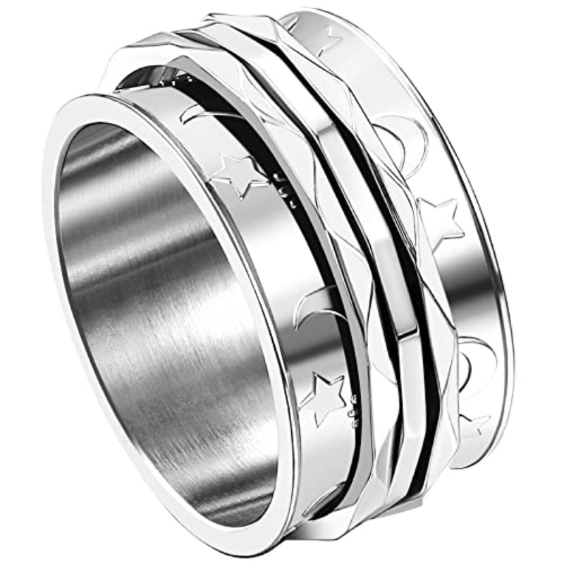 Jewelrywe Retro Fidget Spinner Ring Womens Moon And Star Pattern Rotatable Stainless Steel Ring Bands
