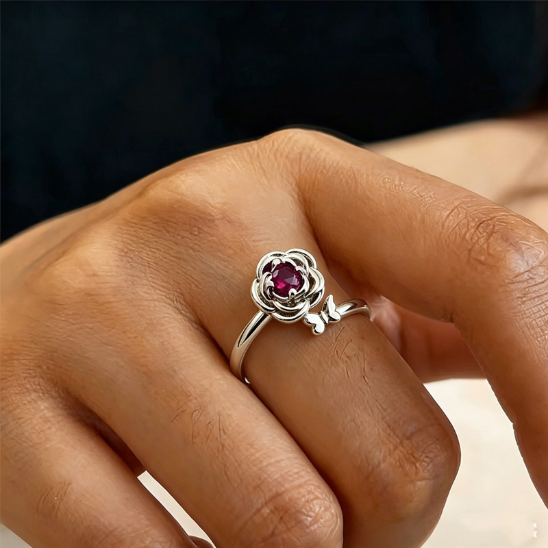 TEMU 1pc Rotatable Rose-red Synthetic Synthetic Zirconia Ring, Featuring And Elegant With Red Synthetic Synthetic Zirconia Accents. The Rotatable