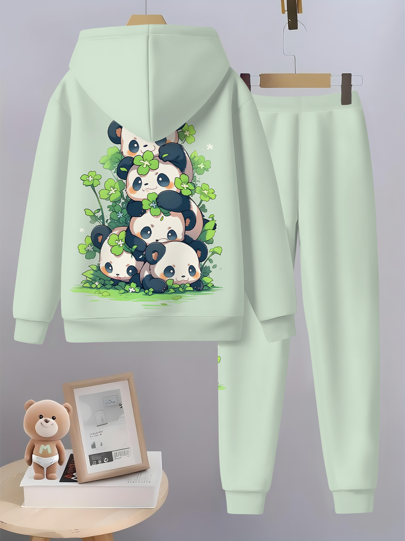 Light Green Cute Panda-Themed 2pcs Set for Girls