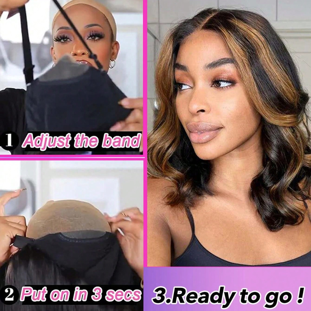 150% Density Human Hair Bob Wig with 1B/30 Ombre Highlights - Body Wave Loose Wavy 4x4 HD Lace Glueless Frontal Pre-Plucked Natural Hairline Short Bob Wigs for Women, Everyday Style Wig | Natural Hairline Wig | Seamless Blend Wig