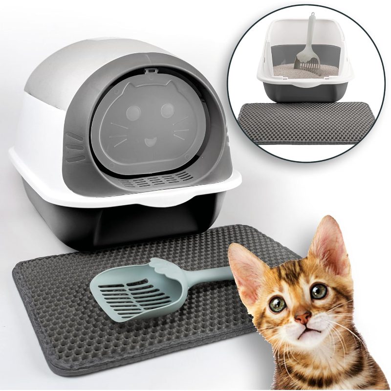 Closed And Litter Box With Lid - Large Litter Pan With High Rim, Litter Mat, Activated Carbon Filter Scoop - Easy To Clean For Cats (grey), Without Battery