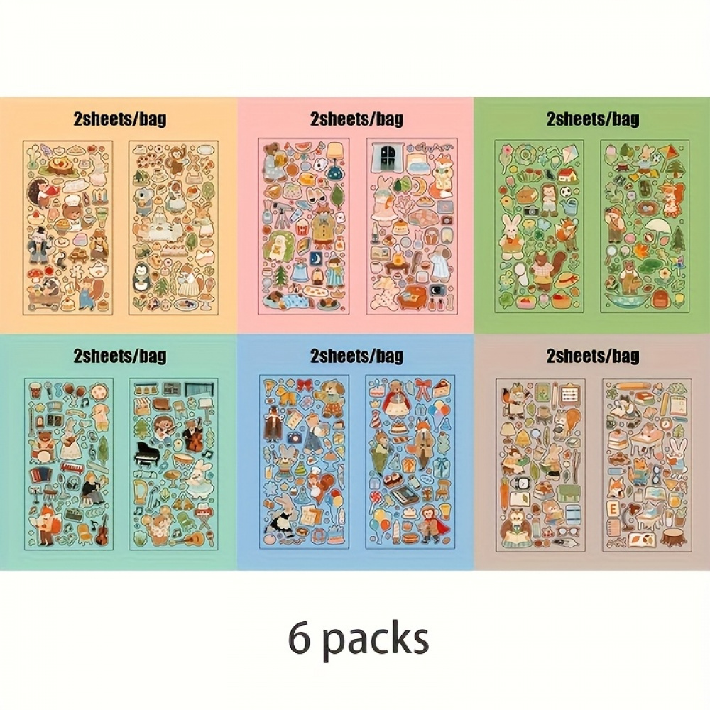 Image of 12 Sheets/set, Cartoon Stickers, Animal Theme, Pet High Quality Material, Self-adhesive, Used To Decorate Photo Albums, Scrapbooks, And Water Cups