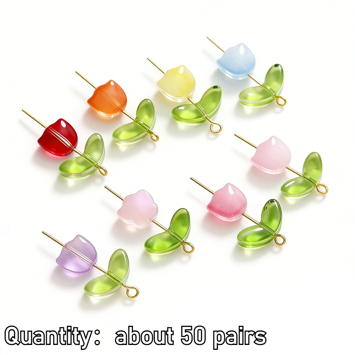 E-shop Pack mit 50 Paaren, mehrfarbige Optionen, Tulpenblüten- + Blattperlen, dekorative Perlen aus Acrylmaterial, Perlen & Perlen-Sortimente geeignet