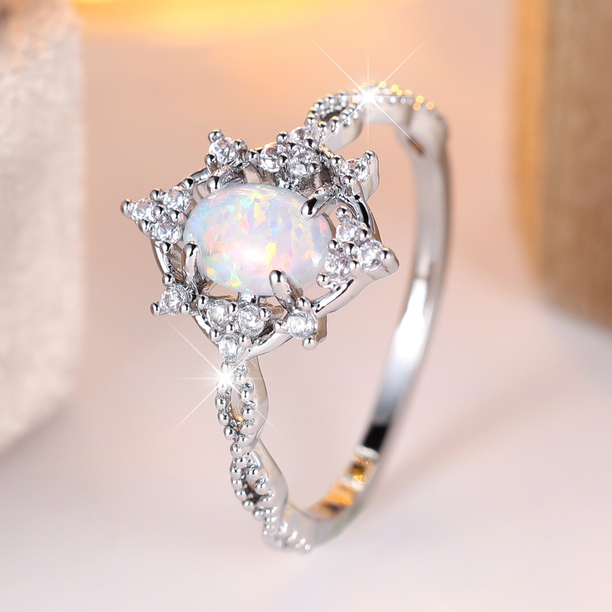 Women's Vintage Botanical Ring with Oval Synthetic Opal