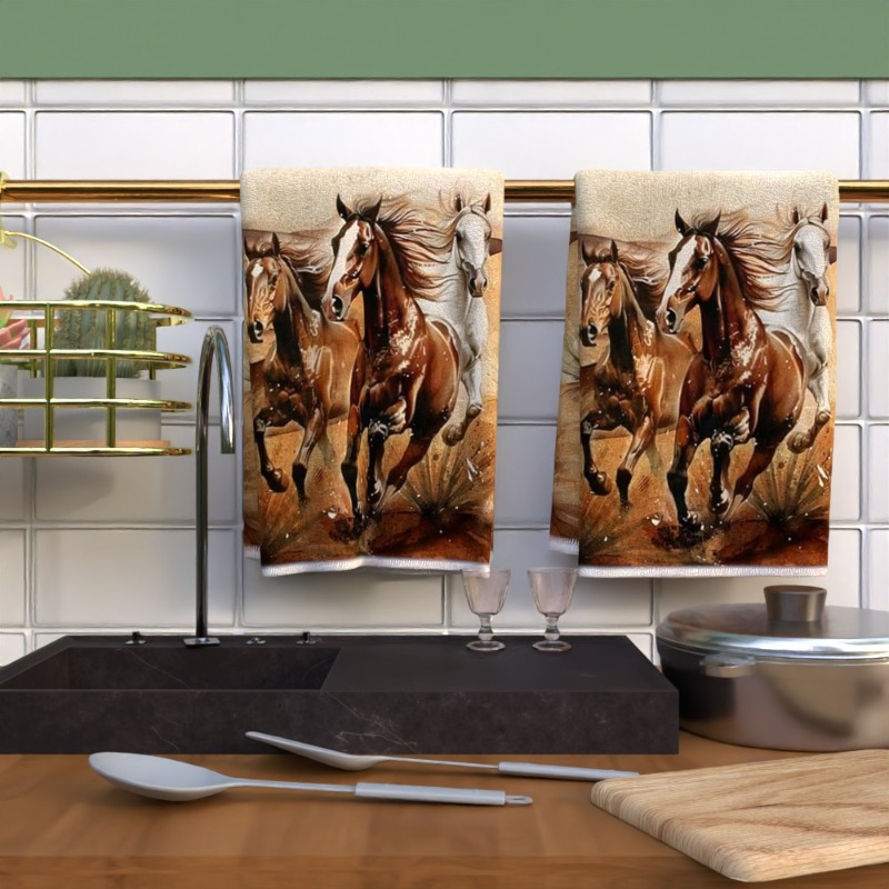 

2-pack Soft Horse Print Towels, 18x26 Inches, Polyester, Ultra-, No Fragrance, Ideal For Relaxed Hair Texture, For Kitchen, Bathroom, Gym - Equestrian Themed Decorative Towels