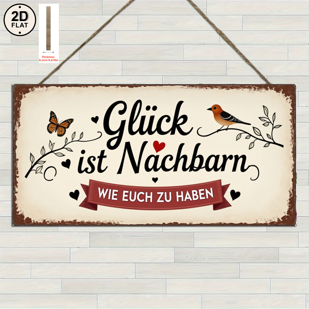 TEMU 2D Flat - 2Dflat - Hängendes Holzschild, Schmetterling- und Vogeldesign, deutscher Text "Glück ist Nachbarn wie euch zu haben", 2D Flat