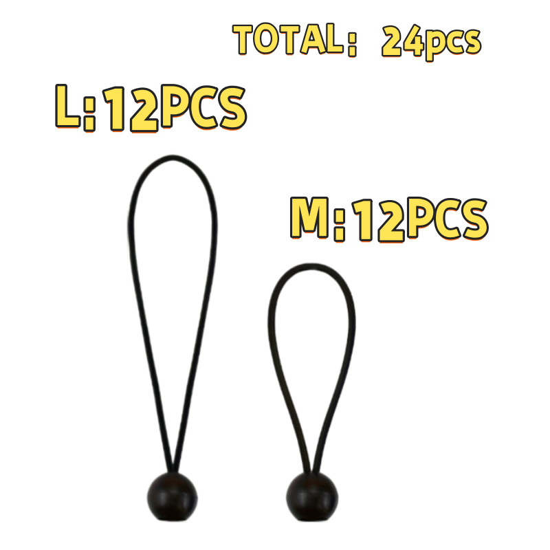 24pcs Of Black Latex Elastic Ropes With Plastic Balls, Suitable For Outdoor Camping, Tents, Multifunctional Stretching Supports, Used For Camping Additions, Cargo Securing Lines, And Hoses