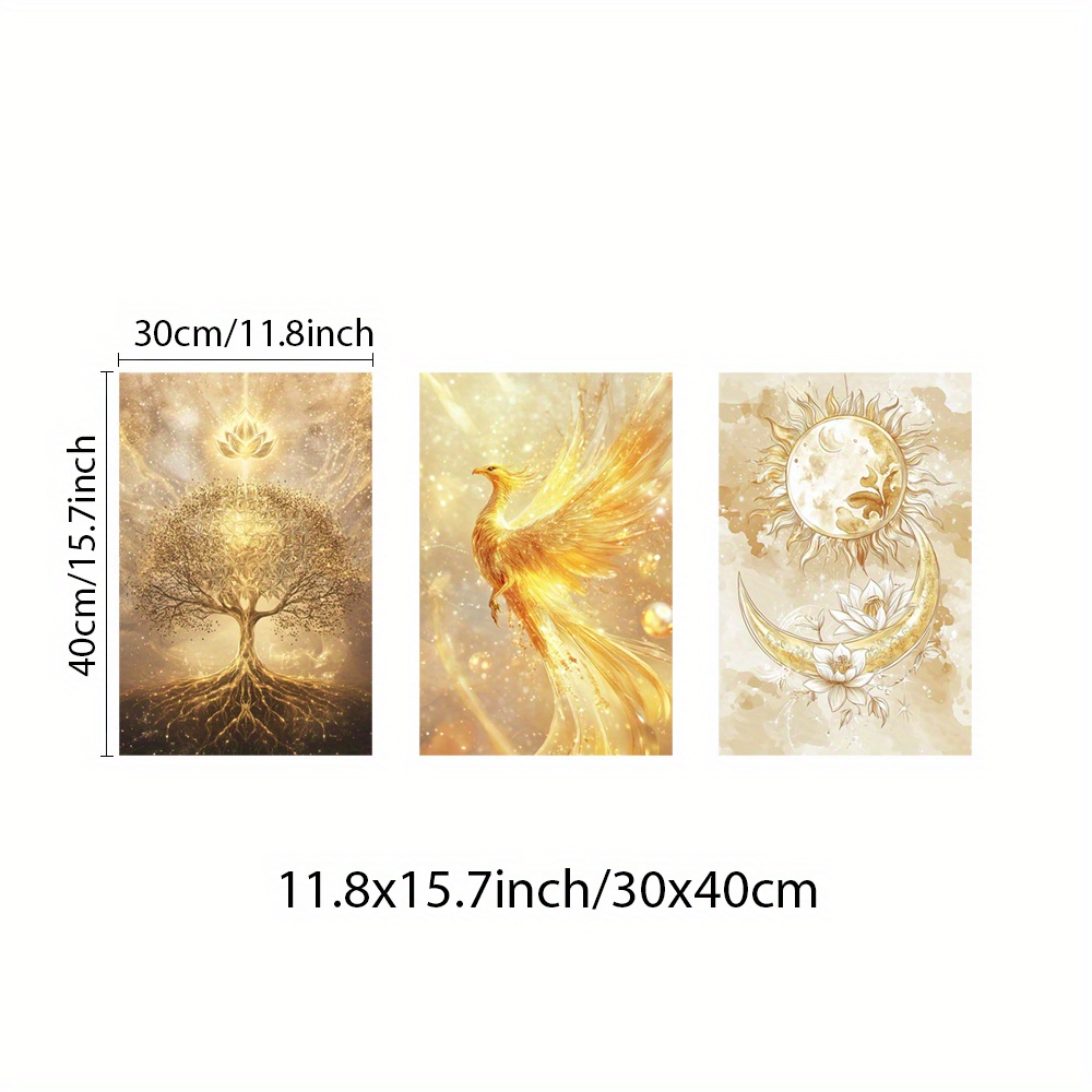 TEMU 3pcs Unframed For Lotus Flower Poster, Mythical Phoenix Rising Wall Arts, Of Life Art Prints, Celestial Canvas Print Wall Arts, Spiritual Aura