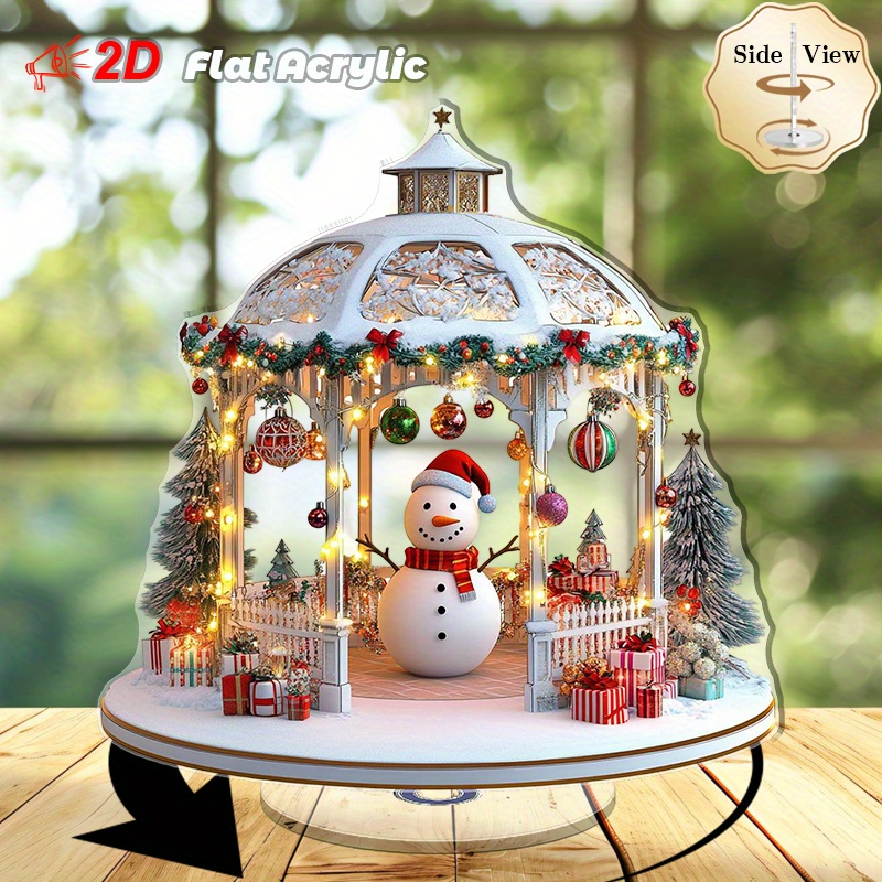 TEMU 2d Flat, Rotatable Acrylic Desk Decoration - Snowman In Festive Gazebo With Christmas Trees & Gifts, 2d Flat Design, No Electricity Needed, Decor Or Gift, Snowflake Decorations