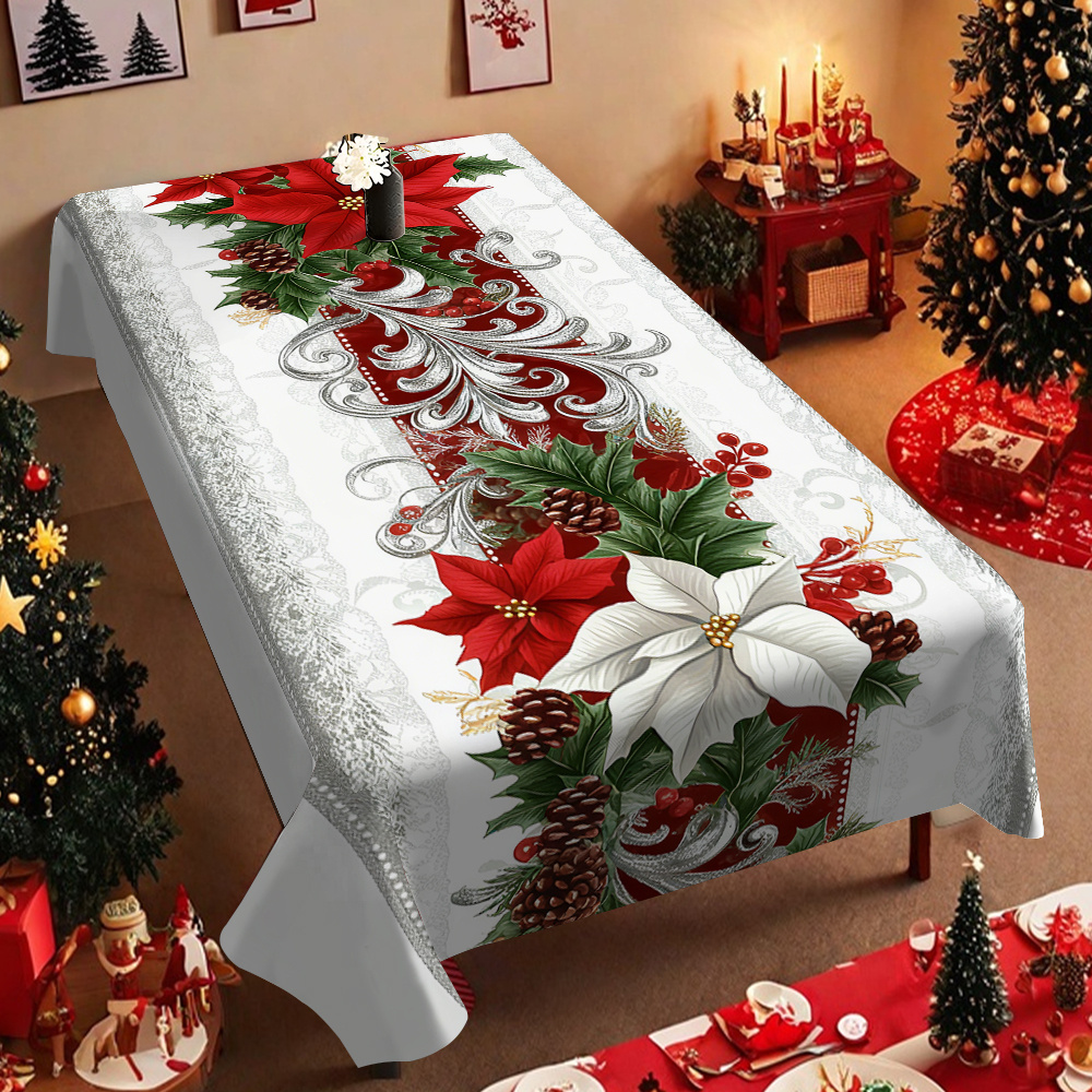 TEMU 1pc Rectangular Tablecloth, Christmas Style, Floral, , Pattern Tablecloth, Suitable For Coffee Tables, Dining Tables, Hotels, Restaurants, Home
