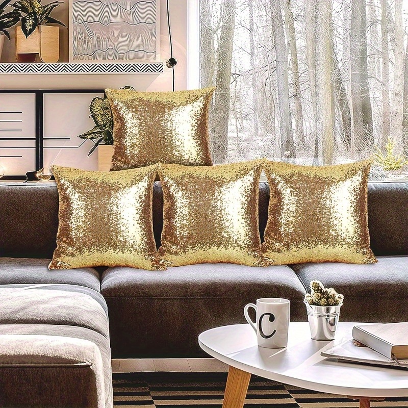 TEMU 4 housses de coussin à paillettes dorées - Décoration moderne pour fêtes avec fermeture éclair, lavable en machine, couleur unie, adaptée pour