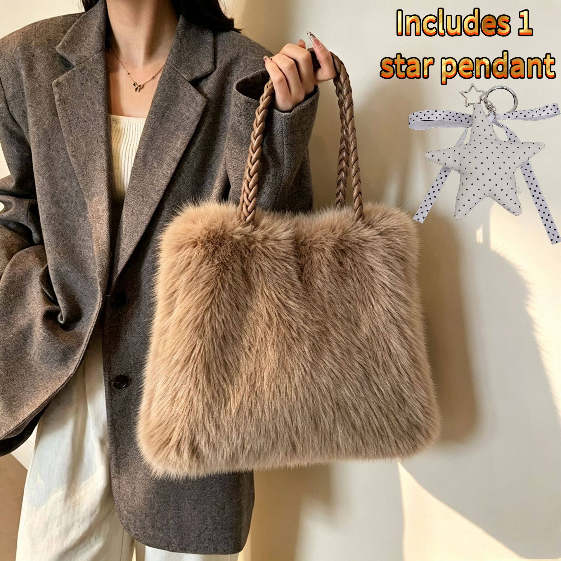TEMU Bolso bandolera 2026 Moda Versátil Bolso de felpa tejido Premium Diseño Casual Bolso de Bolso tote de gran capacidad