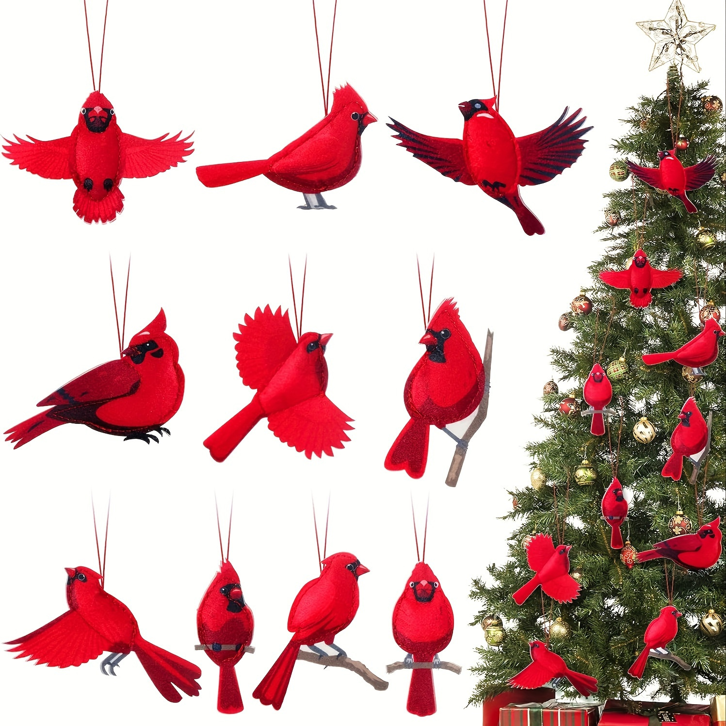 

Lot de 10 Ornements d'Oiseaux Cardinal Rouges Réalistes - Oiseaux en Feutre Artificiels pour Arbre de Noël & Décoration Maison, Pas d'Électricité