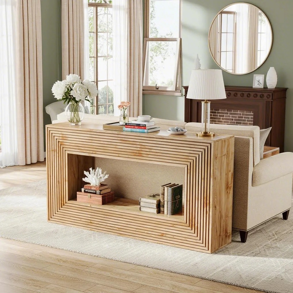 59-inch Farmhouse Fluted Entryway Table With Storage, 2-tier Wood Console Table Behind Couch, Natural End (1pc)