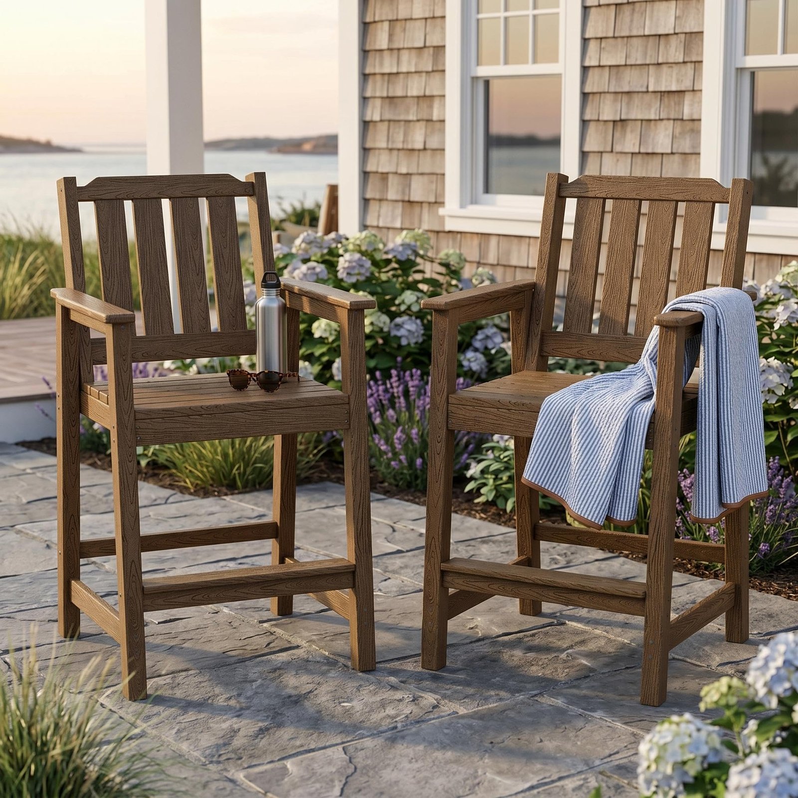 2026 New Courtyard Dining Tables And Chairs, All-Weather HDPE Patio Bar Stools Set of 2 - Tall Chairs with Armrests, Ergonomic Wide Back And Seat, Outdoor Bar Furniture for Balcony, Garden, Poolside - Black (2 Sheets/Box)