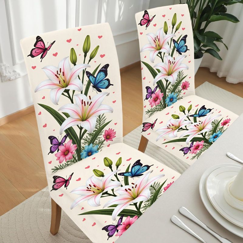 TEMU 2/4/6pcs Housses de chaise imprimées motif lys papillon. Durables et lavables en machine déformation. Haute élasticité pour une installation