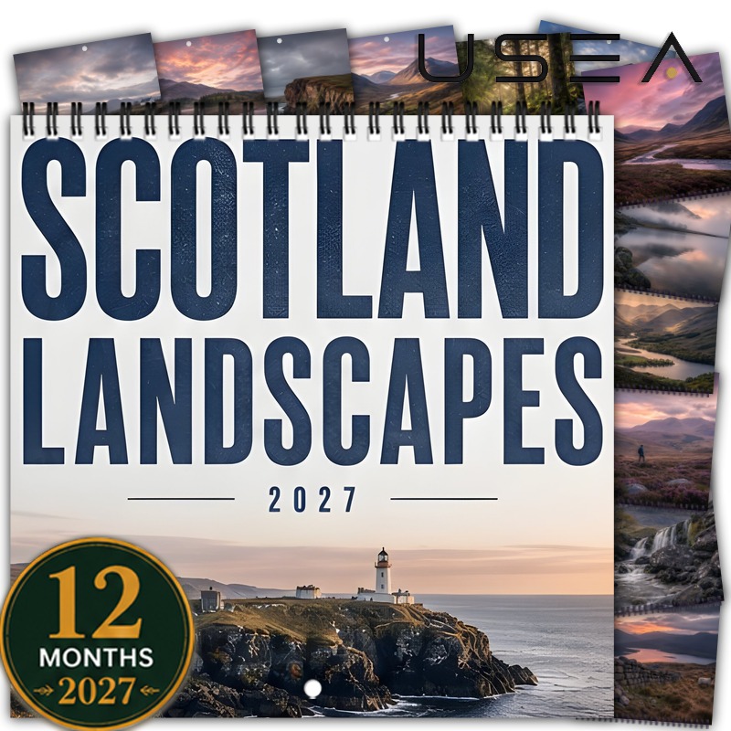 TEMU 1pc 2027 Scotland Wall Calendar & Planner - 12-month Square Hanging Calendar With Highland & Coastal Prints, Monthly Blocks, Twin Wire Binding