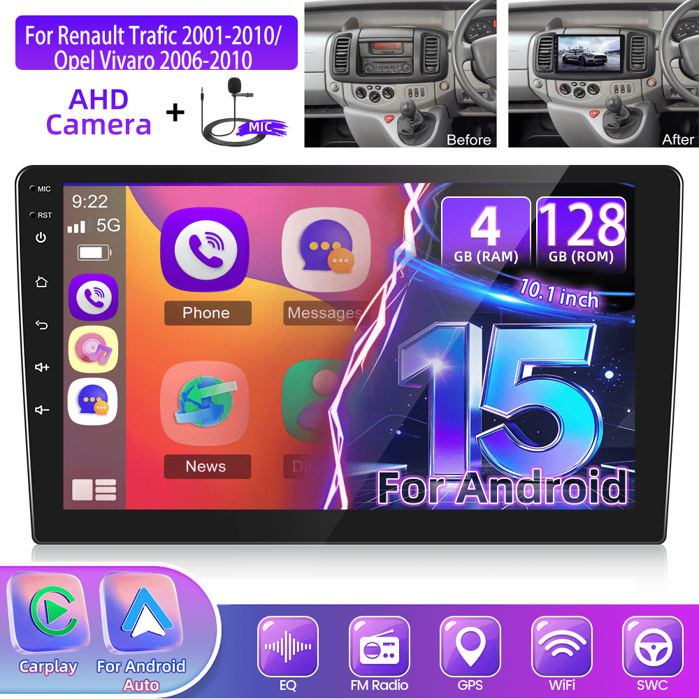 Image of Podofo [ 4+128g] Car Radio For Renault Trafic 2/ A/ 15 With 10" Screen Supporting And Auto Fm Radio/ Rds Gps Wifi