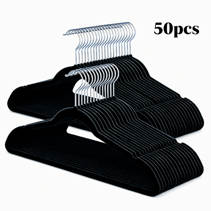 TEMU Lot de /100 Cintres Noirs Floqués, Cintres à Vêtements Standard Mince Antidérapants Encombrants avec Crochets Argentés Pivotants à 360°, Cintres