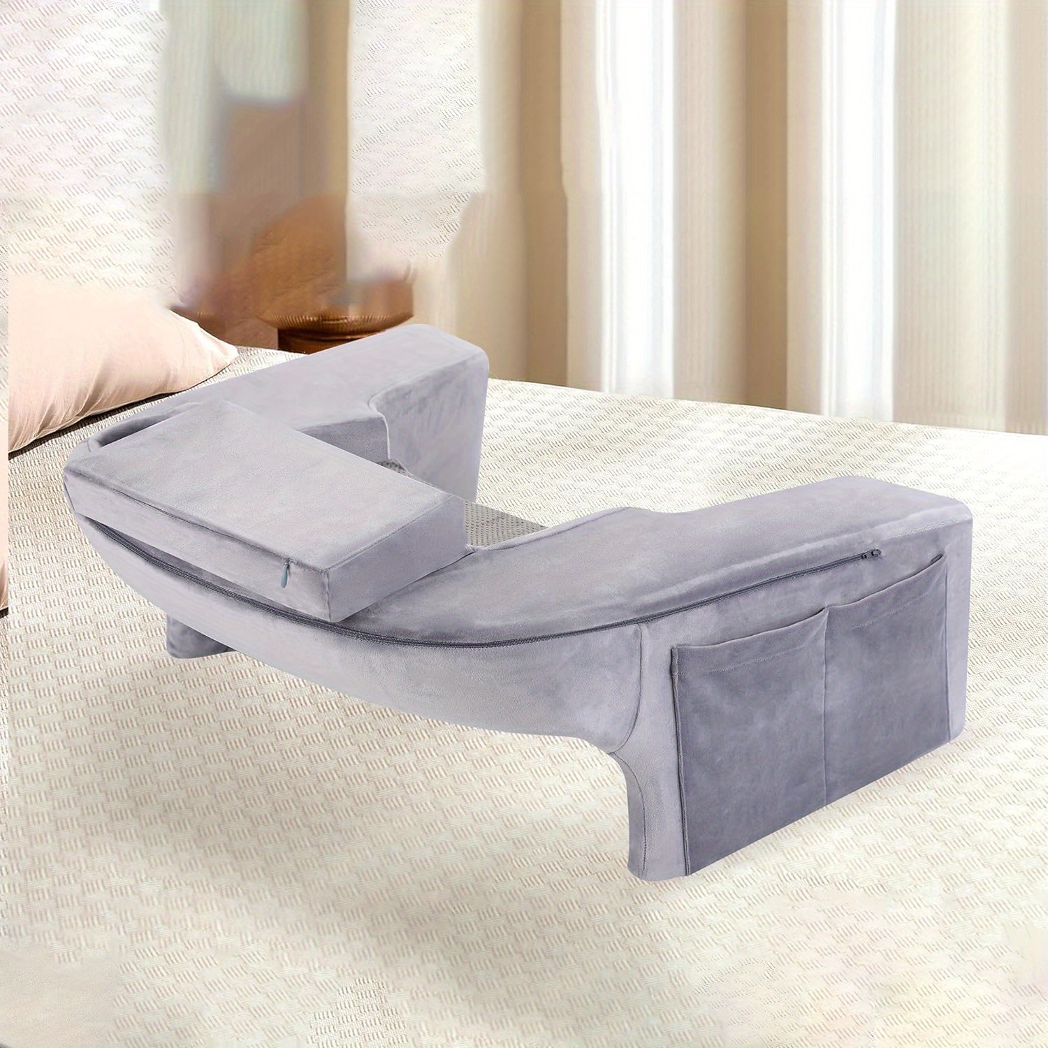 Pillow Designed For Gaming And Reading, Featuring A Cup Holder For Beverages, Suitable For Use While Working Or Writing In Bed Or , And With A Removable And Washable Gray Cover