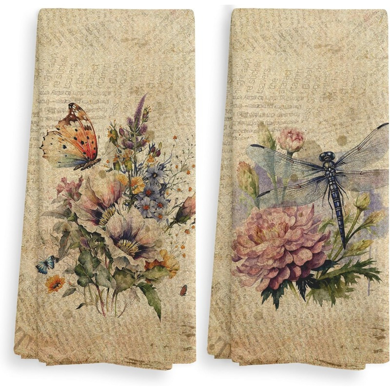 

2-pack Vintage Floral & Dragonfly Design Polyester Hand Towels, 18x26 Inch, 240 Gsm, Contemporary Oblong Tea Towels For Kitchen & Bathroom Decor