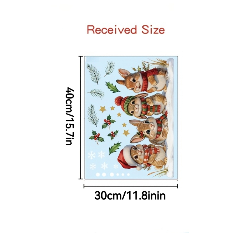 TEMU 1pc Christmas Bunny Window Cling, Wearing Santa Hats And Scarves, Snowflake, Holly, And Pine Tree Pattern Glass Sticker Decoration, Static Cling