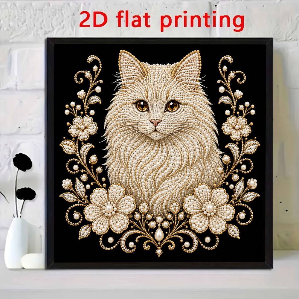 TEMU 5d Diamond Painting Kit, Frameless Handmade Pearl Cat And Flower Rhinestone Canvas Art, Stunning Wall Decor For Living Room, Bedroom, And Home
