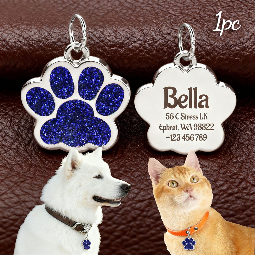 TEMU Customizable Text Glitter Paw Print Pet Tags | Personalized Name, Address, Phone, Suitable For Cats And Dogs, Essential For Pet Lovers, Alloy